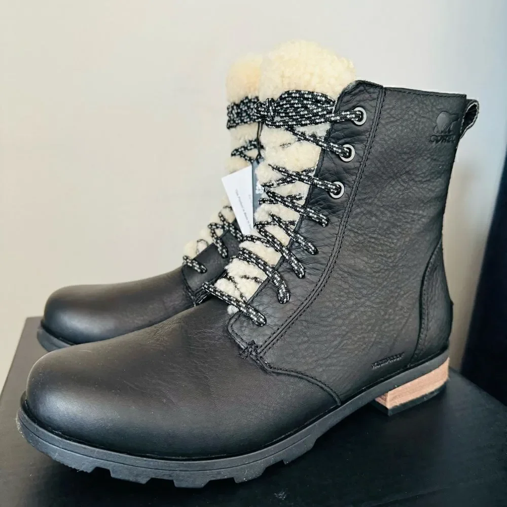 SOREL Emelie Genuine Shearling Lamb Fur Short Lace-Up‎ Boot, Black, Size 10, NWT